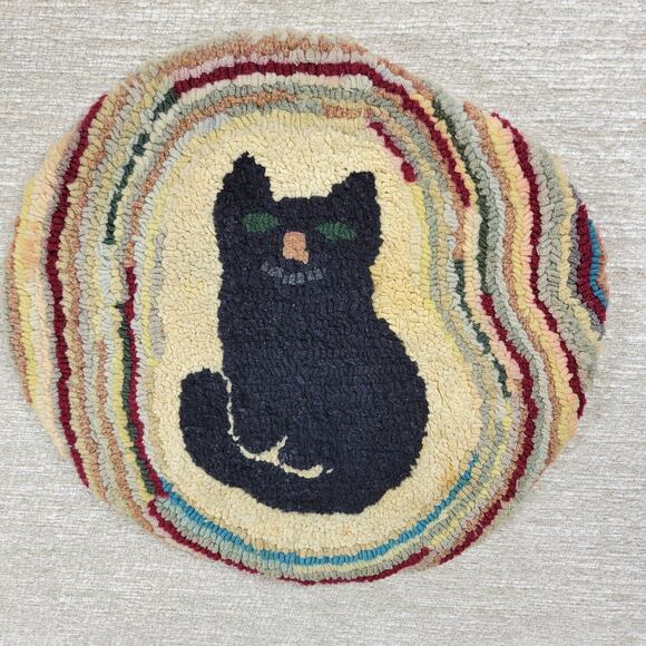 VTG Black Cat Fays Garret Seat Cushion Rug Round Hand Hook Loop Signed Folk Art - Picture 13 of 16